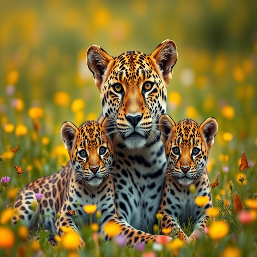 Create a lifelike portrait of a leopard and two cubs in a vibrant field with butterflies, using a DSLR camera, 50mm lens at f/1.8 for a shallow depth of field, natural lighting, and a slight upward angle to highlight their expressions.