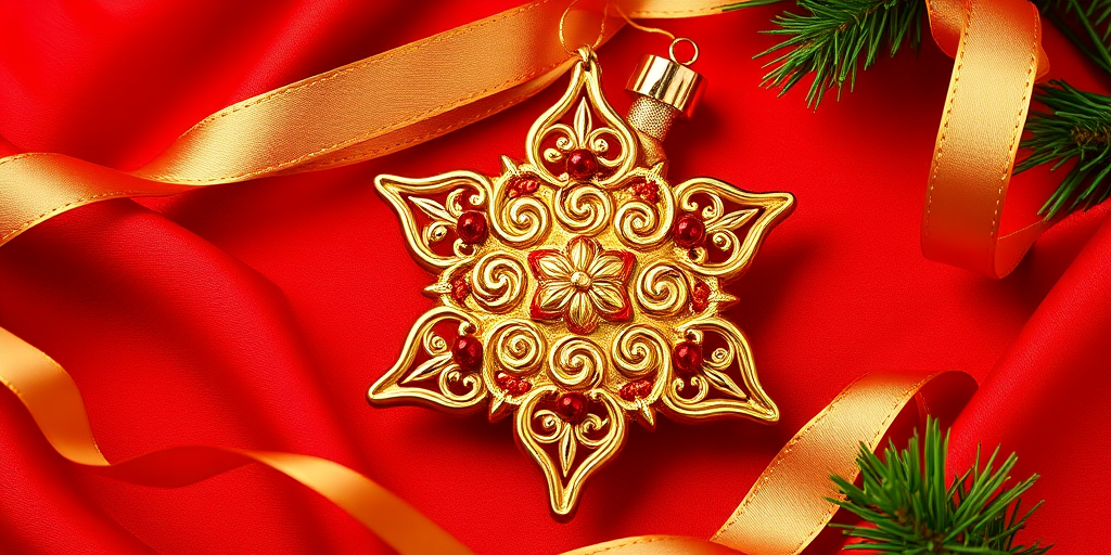Generate an image featuring a decorative gold star ornament with intricate swirls and red beads, set against a rich red background with shimmering fabric and golden ribbon accents. The focus should be on the ornament's details and its festive appeal.