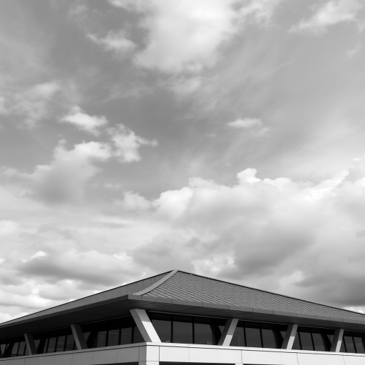 Capture a high-resolution black and white image of a modern architectural structure with a diamond-patterned roof under a dramatic cloudy sky, using a DSLR camera, 50mm lens, aperture f/8, ISO 100, and a slightly low angle view for depth.