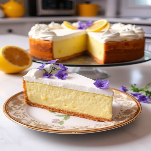 A beautifully presented slice of lemon meringue cheesecake on a decorative plate with a whole cheesecake in the background garnished with small purple flowers and lemon slices, captured in a bright and inviting kitchen setting.