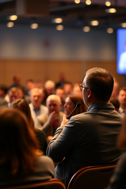 Capture a dynamic conference scene with a speaker engaging the audience, using a Canon EOS R5 camera, 85mm lens, aperture f/1.8 for shallow depth of field, ISO 400, and a shutter speed of 1/250 seconds, ensuring warm lighting highlights the speaker and soft focus on the audience for a professional look.