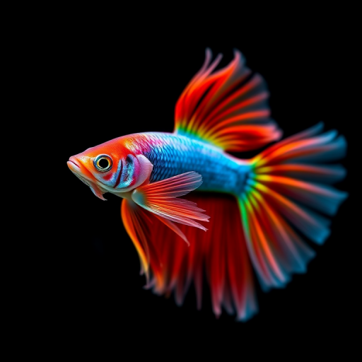 High-resolution close-up of a vibrant betta fish with flowing fins on a black background, 50mm lens, aperture f/2.8, ISO 100, shot with a DSLR camera using a macro photography style, soft backlighting to enhance colors.