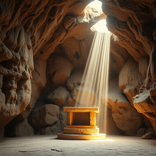 interior of a mystical cave with a stone altar illuminated by beams of light from a hole in the ceiling, soft diffused lighting, atmospheric perspective, DSLR camera, f/2.8 aperture, ISO 200, 24mm lens, HDR imaging, low angle view, high dynamic range, warm tones