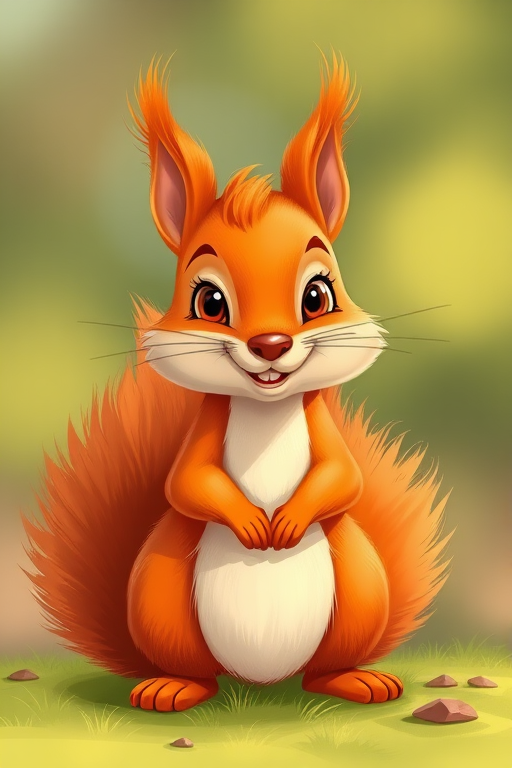 Create a highly detailed illustration of a cartoon squirrel with vibrant orange fur and a bushy tail, using a Canon EOS 5D Mark IV with a 50mm lens, f/1.8 aperture, ISO 100, and a soft natural light setting to enhance the colors and textures.