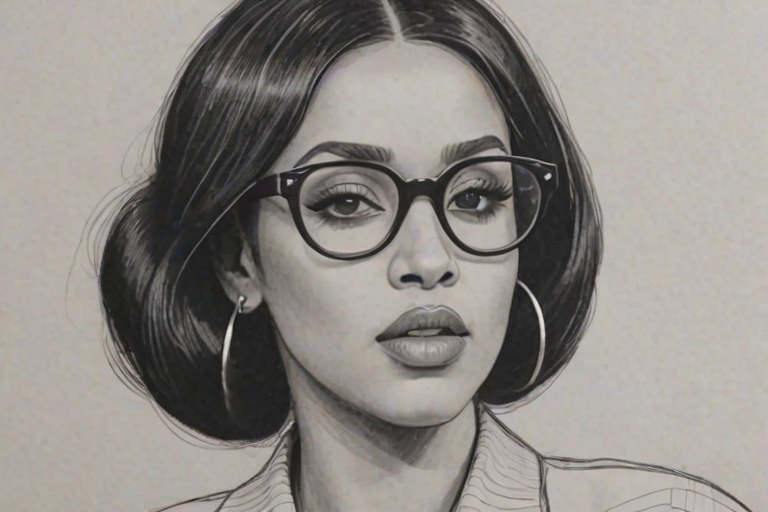 Pleasing Cardi B, pencil sketch, portrait of Stunning woman 1958s in glasses, hair style beatnik, outline, clear lines, fine lines, 8k