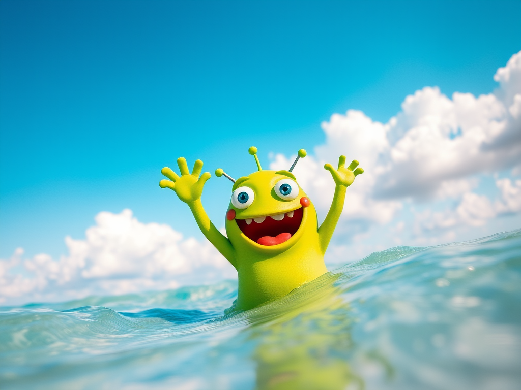 Regenerate the image of a cute green cartoon monster waving from the ocean, in a colorful, cheerful landscape, with a bright blue sky and fluffy white clouds, using a DSLR camera with a 50mm lens, aperture f/2.8, ISO 100, shot from a low angle to enhance the vibrant colors and playful perspective.