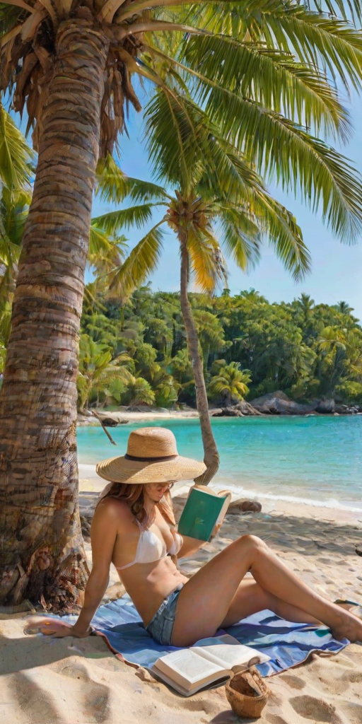 Secluded beach cove, crystal-clear water lapping at the shore, a woman in a straw hat lounging in the shade of a palm tree, a book open in her lap.