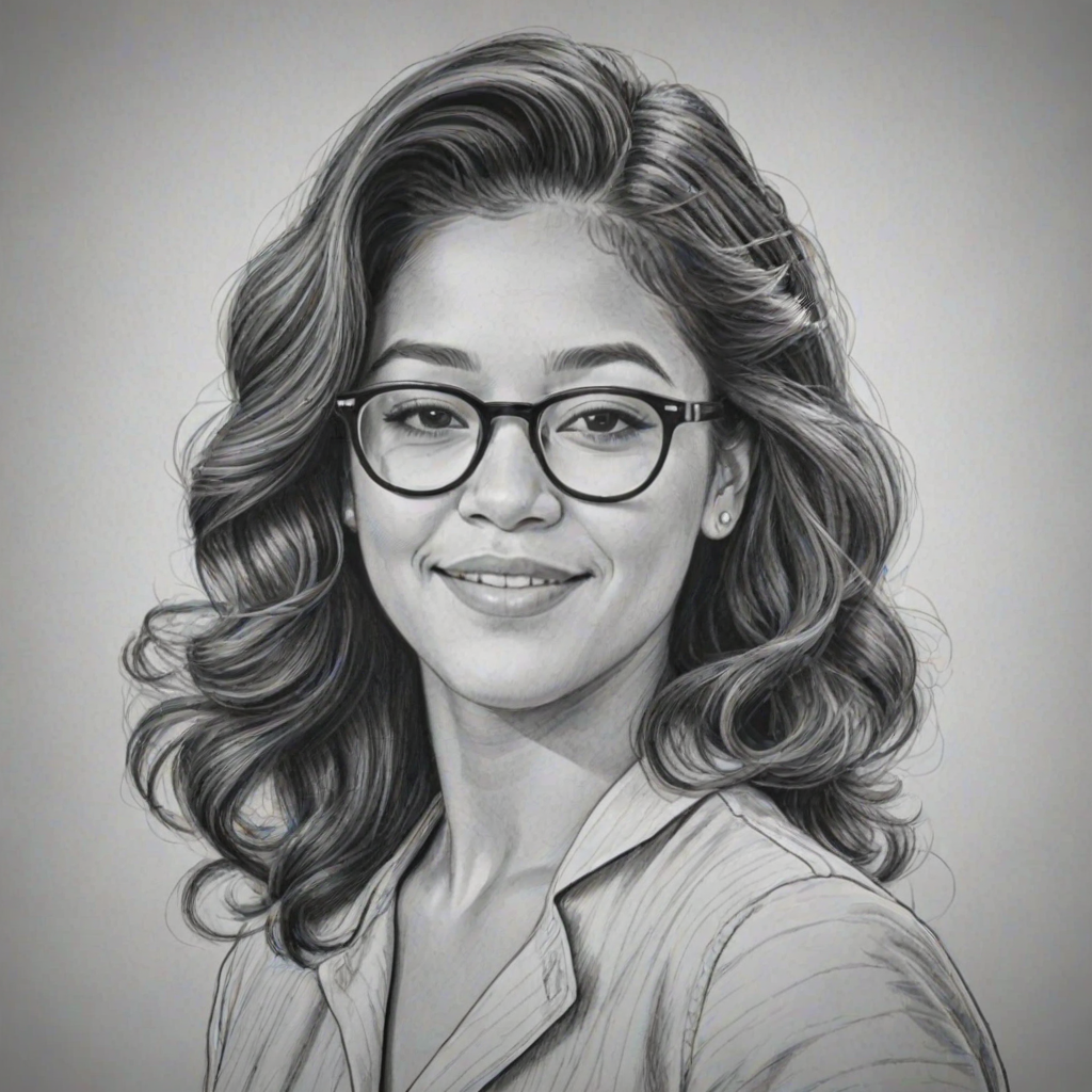 Fetching Gina Rodriguez, pencil sketch, portrait of Gorgeous woman 1940s in glasses, hair style beatnik, outline, clear lines, fine lines, 8k