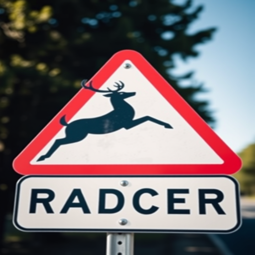 Create an image of a road sign depicting a leaping deer, with a vibrant red triangular background and a bold black silhouette of the deer, shot with a DSLR camera at f/8 aperture, ISO 100, 50mm lens, natural lighting, and a shallow depth of field to focus on the sign while softly blurring the background.