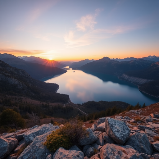 Create a high-resolution image of a serene landscape featuring a tranquil lake surrounded by mountains at sunrise, using a Canon EOS R5 with a 24-70mm f/2.8 lens, set to ISO 100, aperture f/11, and a shutter speed of 1/125 seconds, captured from a wide-angle view to emphasize the expansive scenery.