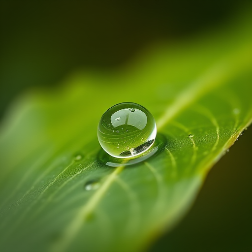 macro shot of a water droplet on a green leaf with a blurred background, aperture f/2.8, shutter speed 1/200 sec, ISO 100, shot from a low angle with a DSLR camera in natural light