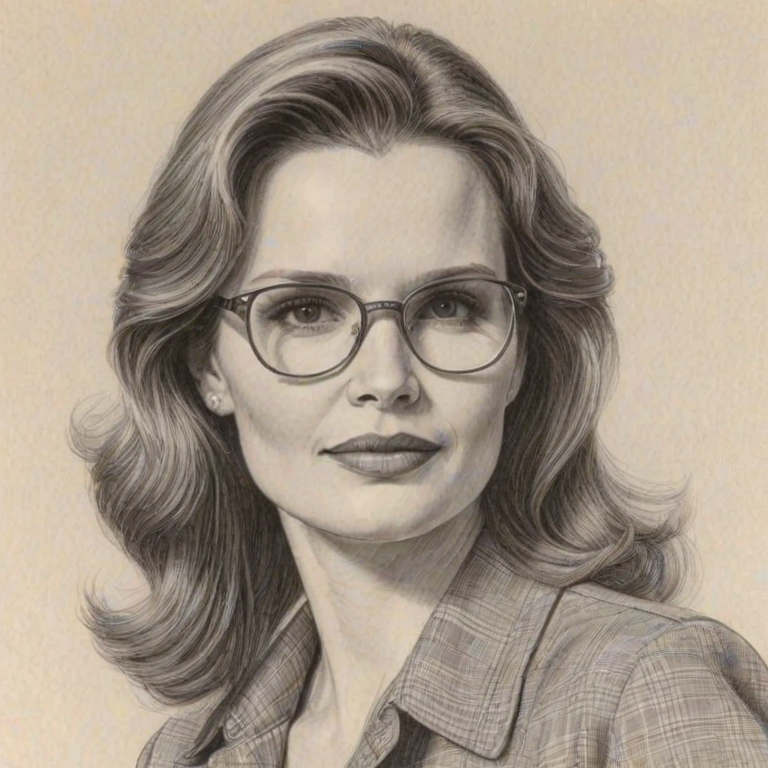 Exquisite Geena Davis, pencil sketch, portrait of Exquisite woman 1978s in glasses, hair style beatnik, outline, clear lines, fine lines, 8k