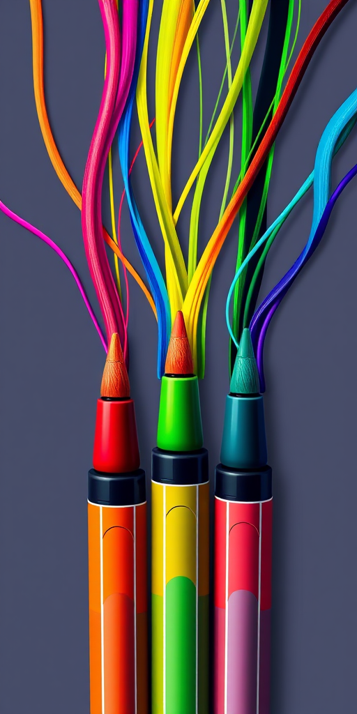 Create an illustration of three colorful markers in a dynamic arrangement with vibrant colored lines flowing from their tips, using a digital art style with high resolution, 300 DPI, shot from a top-down view, using a Canon EOS R5 camera with a 50mm f/1.8 lens for sharp detail.