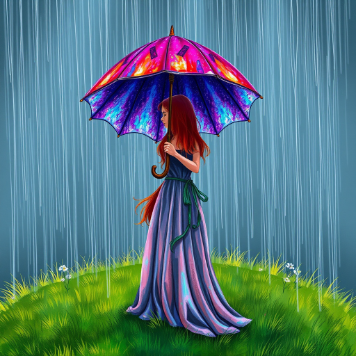 A surreal hand-drawn digital artwork depicting a mysterious red-haired woman standing on a grassy hill under the rain. She holds an umbrella crafted from iridescent zircon, its vibrant sheen contrasting with the soft, rainy atmosphere. The scene feels dreamlike, blending the natural elements of the hill and rain with the otherworldly shimmer of the umbrella.