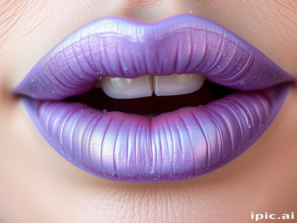 Frosted lavender lips with a cool, iridescent sheen, showcasing a unique and ethereal beauty that's both whimsical and sophisticated