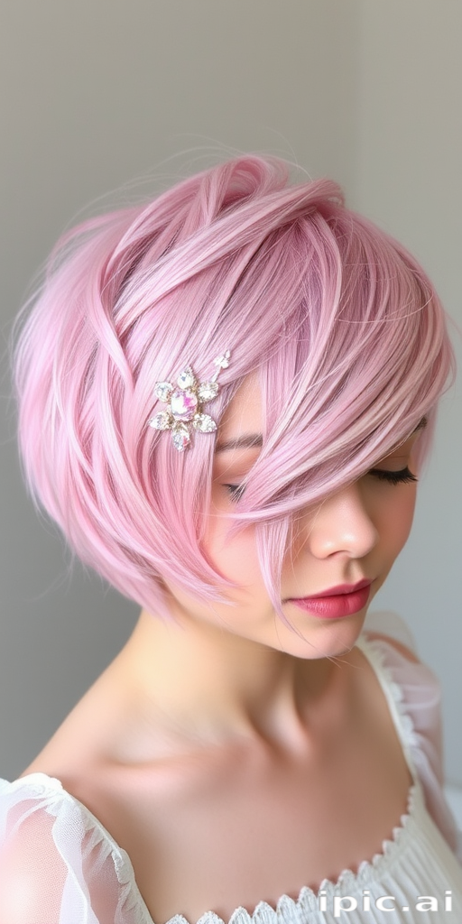 Ethereal pastel pink pixie cut with textured layers and wispy bangs, adorned with delicate crystal hair pins named "Cotton Candy Dreams" evoking whimsy and innocence