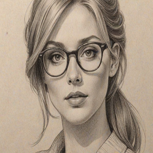 Enchanting Jessica Cauffiel, pencil sketch, portrait of Lovely woman 1967s in glasses, hair style beatnik, outline, clear lines, fine lines, 8k
