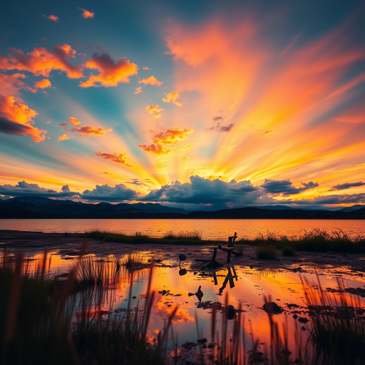 Create a vibrant sunset over a serene lake, with reflections on the water, using a DSLR camera at f/8 aperture, ISO 100, 1/250 shutter speed, wide-angle lens, and shot from a low angle to capture foreground interest.