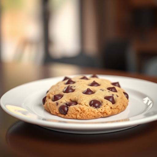 Generate a high-resolution illustration of a chocolate chip cookie on a white plate with a soft-focus background, using a DSLR camera with a 50mm lens, aperture set to f/2.8 for shallow depth of field, and a warm color temperature of 5500K.
