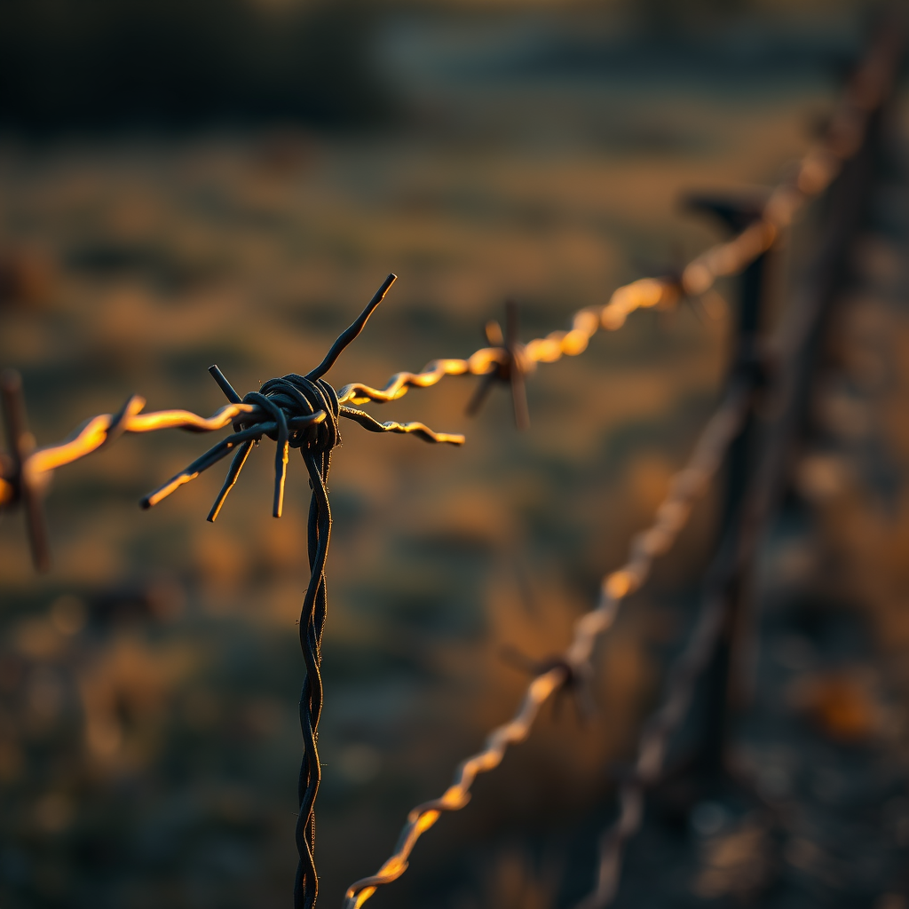 Create a highly detailed image of a barbed wire fence with realistic textures, using a DSLR camera, 50mm lens, aperture f/2.8, ISO 100, shot at eye level during golden hour for enhanced lighting and shadows.