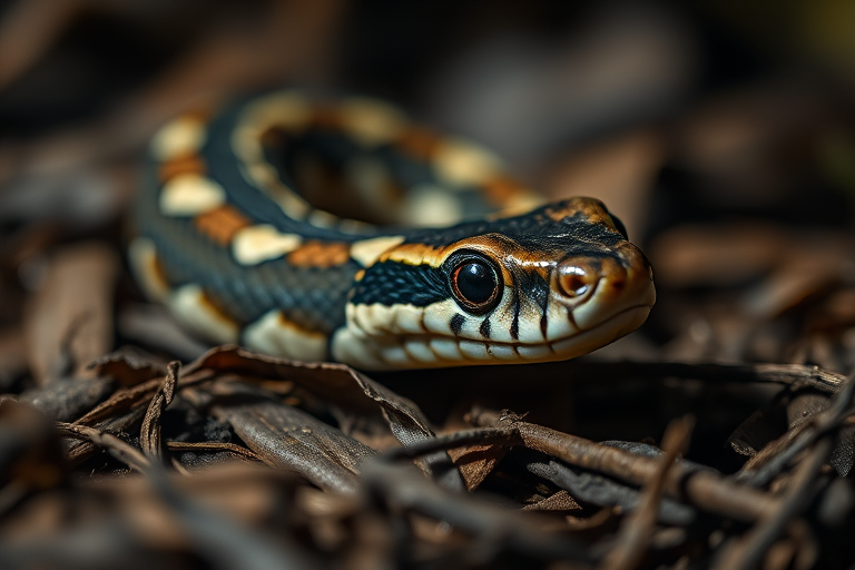 Close-up of a camouflaged snake resting on dry leaves in a dimly lit environment, shot with a DSLR camera using a 50mm lens, aperture f/2.8, ISO 400, shutter speed 1/60s for enhanced depth of field and detail.