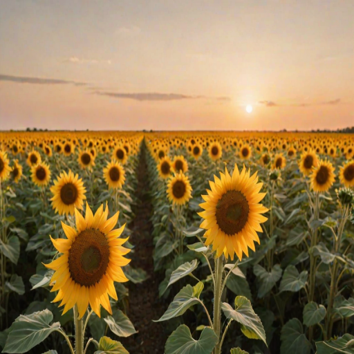Soft-focus image of a sunflower field stretching toward the horizon, soft golden light creating a warm glow and a gentle breeze making the flowers sway.