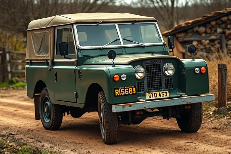 vintage Land Rover off-road vehicle parked on a dirt road with a rustic background, captured with a Canon EOS R5, 50mm lens, f/1.8, ISO 100, shutter speed 1/250s, natural light, high dynamic range for enhanced detail and colors