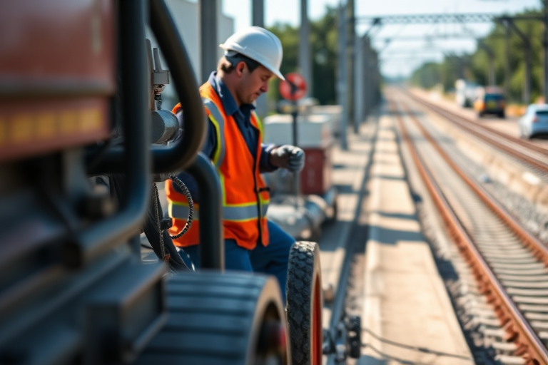 Construction worker in safety gear operating machinery near train tracks, natural lighting, focus on the worker, depth of field effect, 50mm lens, aperture f/2.8, ISO 200, shot with a DSLR camera from a low angle.