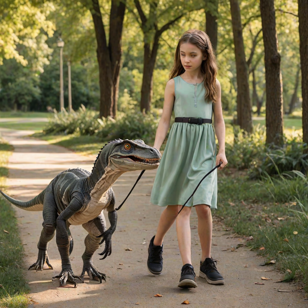 12 year old girl in a dress walking her pet Velociraptor on a leash through a park