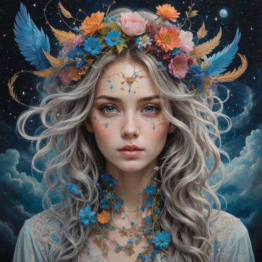 Create a series of imaginative portraits where each subject is infused with elements of fantasy and nature. The hair of the individuals should flow like clouds, varying from soft, fluffy cumulus to wispy cirrus strands, with hints of color reflecting a sunset or a clear blue sky. The eyes should be windows to entire galaxies, with stars, nebulae, and distant planets visible within them. Clothing should be adorned with nature motifs, such as floral patterns that bloom and change, vines that seem to grow and wrap around, or feathers that shimmer with iridescence. Each portrait should capture a unique personality, blending human features with the ethereal beauty of the natural and cosmic world. The backgrounds can vary, from starry night skies to enchanted forests, adding depth and context to the magical realism of the portraits