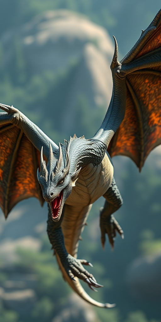 highly detailed dragon in flight with tattered wings, dynamic angle, 50mm lens, f/2.8 aperture, ISO 100, soft natural lighting, high resolution, 3D render style