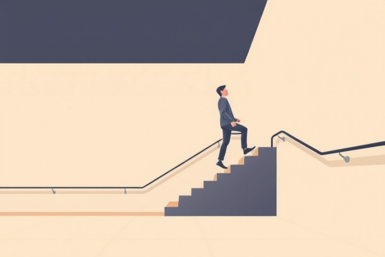 Generate a minimalist illustration of a person climbing stairs, using a clean vector style, high-resolution, shot from a low angle, with a shallow depth of field, using a digital camera with f/2.8 aperture, 50mm lens, and soft lighting for a smooth background.