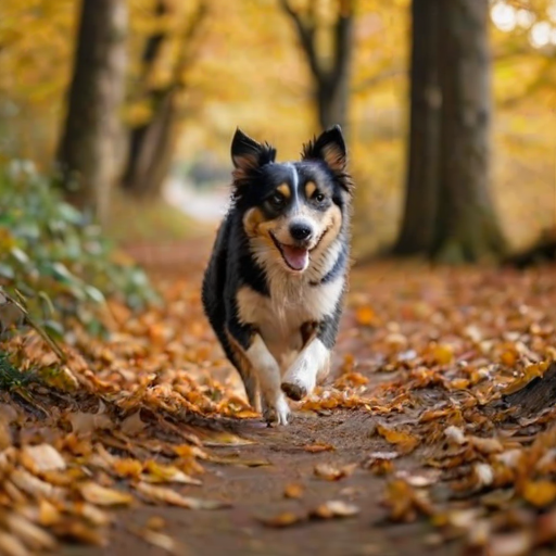 a happy dog with black and white fur running along a forest path covered in autumn leaves, with a soft focus and warm lighting