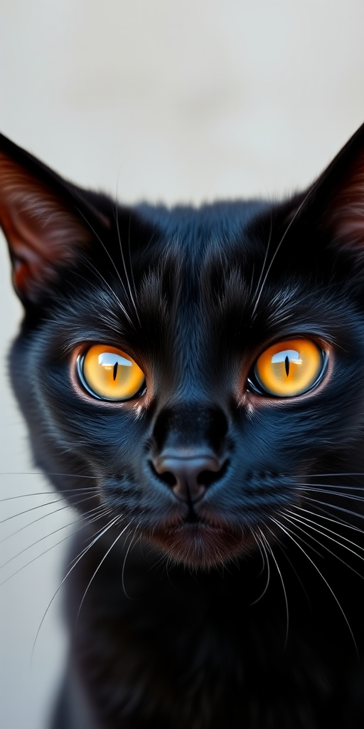 A close-up portrait of a black cat with striking amber eyes and prominent ears against a neutral background, captured with a DSLR camera, 50mm lens, aperture f/2.8, ISO 100, with natural lighting and a shallow depth of field to enhance image quality.
