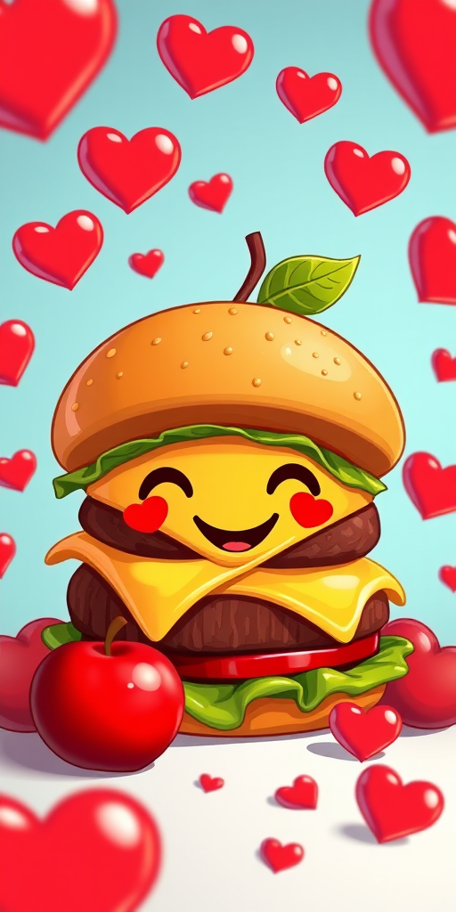 Create a vibrant illustration of a smiling cartoon burger with a slice of cheese and an apple with a leaf, surrounded by red hearts, using a high-resolution digital art style, shot with a Canon EOS 5D Mark IV at f/2.8, 50mm lens, with a shallow depth of field and bright, even lighting.