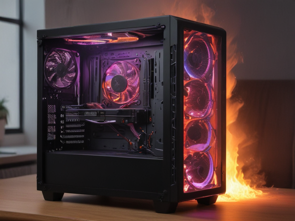make a computer pc case that has a fire burning inside with smokes. you ...