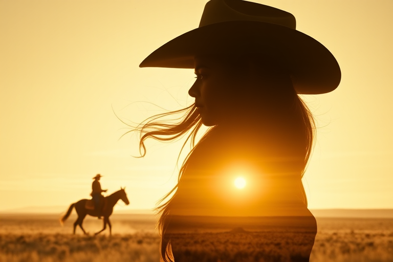 "Create a Double exposure", a silhouette "profile portrait of a young cowgirl" with long hair "superimposed" against a long shot of a cowgirl riding a horse across the plains, fantastic view, 32k, cinematic, hyper-realistic.