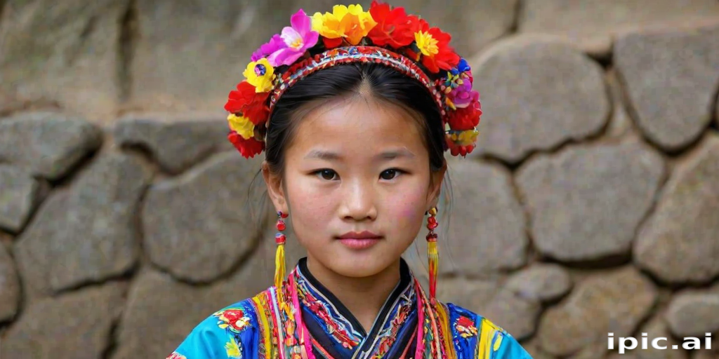A beautiful Miao girl, wearing colorful bird clothing with vibrant colors
