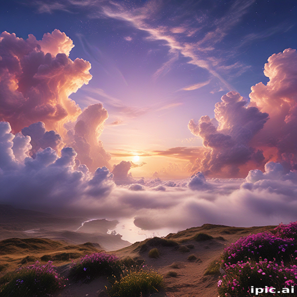 Majestic Sunset Over Rolling Hills with Vibrant Clouds and Flowers