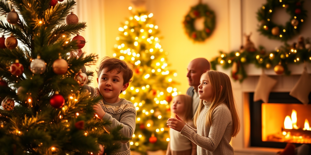 Warmly lit image of a family decorating a Christmas tree, soft golden light from the tree's lights illuminating their faces, with festive ornaments and a cozy fireplace in the background.