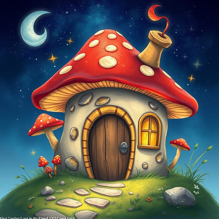 design illustration of a mushroom house with a door and a window, a storybook , fantasy art, mushroom house, bg starry sky, sparkles