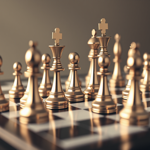 Create a high-resolution 3D render of a chessboard with metallic pieces, using a Canon EOS R5 camera, aperture f/8, ISO 100, shutter speed 1/60s, with a low-angle view and soft diffused lighting to enhance reflections and details on the chess pieces.