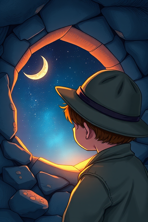 create a detailed illustration of a child wearing a hat peering into a glowing portal revealing a starry night sky, with a crescent moon, using a DSLR camera with a 50mm lens, f/1.8 aperture, ISO 200, soft focus background, high dynamic range, and balanced lighting to enhance colors and details
