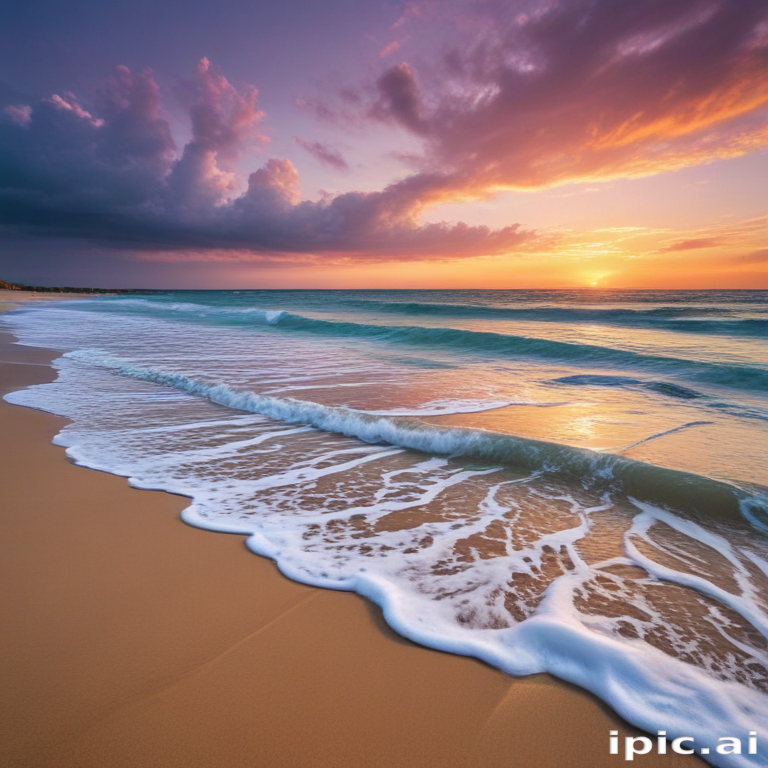 Serene Sunset Over Calm Ocean Waves on a Sandy Beach Shore