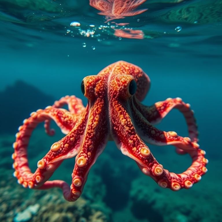 Underwater shot of a vibrant octopus in crystal clear water, with natural lighting, macro lens, f/2.8 aperture, ISO 100, 1/100 sec shutter speed, capturing intricate details of its texture and colors.
