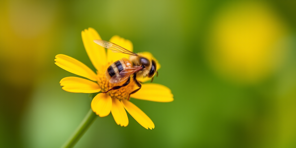 macro shot of a bee on a yellow flower with blurred green background, aperture f/2.8, shutter speed 1/250s, ISO 200, 50mm lens, natural lighting, taken with a DSLR camera, focus on the bee while keeping the flower slightly soft