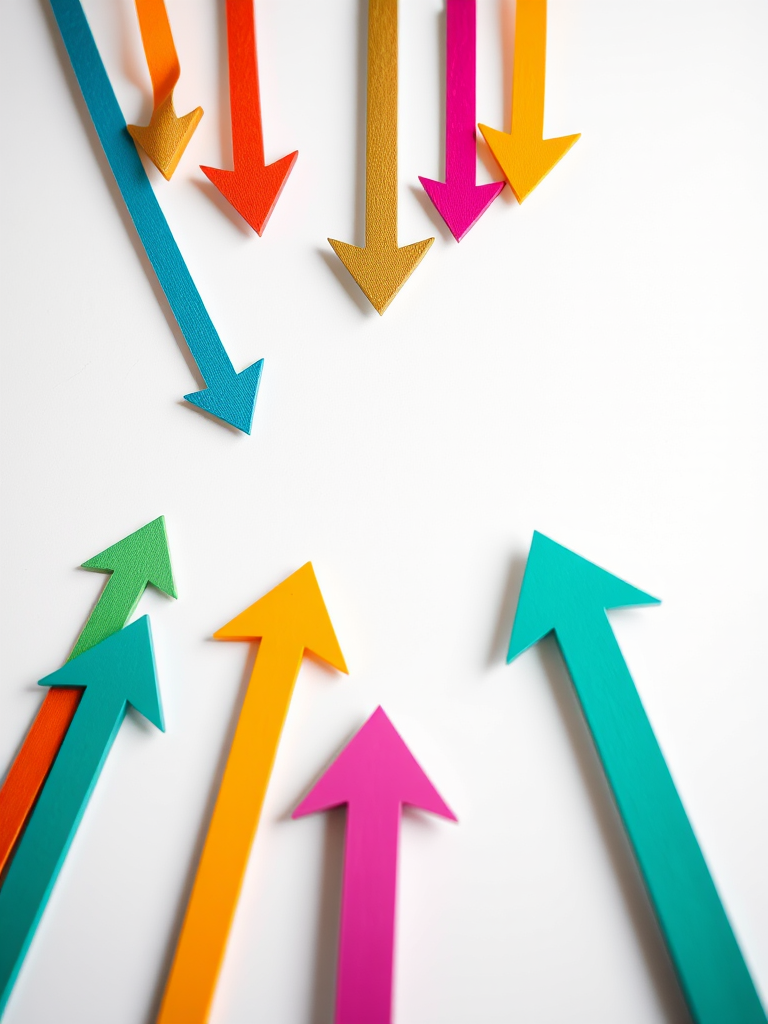 Create an image of colorful arrows ascending in various directions on a white background, using a DSLR camera with a 50mm lens, aperture set to f/1.8 for a shallow depth of field, ISO 100 for optimal clarity, and a soft diffused lighting setup to enhance colors and contrast.