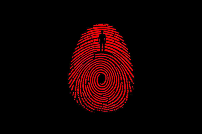 Create a dramatic digital artwork of a red fingerprint shape on a black background with a lone silhouetted figure standing on top, shot with a DSLR camera at f/2.8, ISO 100, shutter speed 1/200s, using a high-contrast lighting style for enhanced depth and vividness.