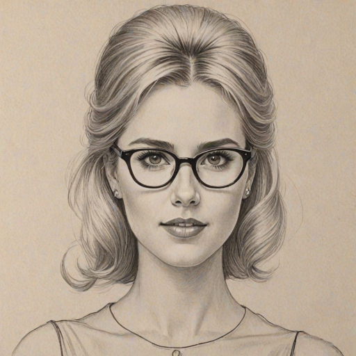 Captivating Caroline Sunshine, pencil sketch, portrait of Elegant woman 1963s in glasses, hair style beatnik, outline, clear lines, fine lines, 8k