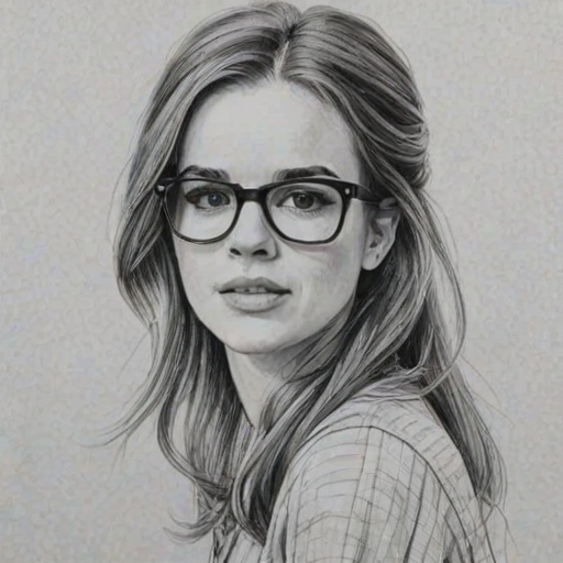 Comely Danielle Panabaker, pencil sketch, portrait of Appealing woman 1966s in glasses, hair style beatnik, outline, clear lines, fine lines, 8k